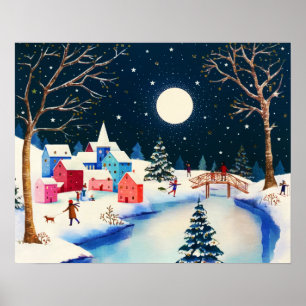 Póster Villa de nieve de invierno azul festivo