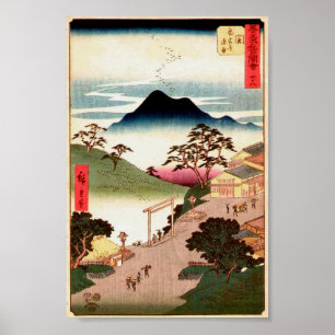 Póster Villa japonesa con Mountain Woodblock Art Ukiyo-E