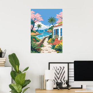 Póster Villa Tropical a la Orilla de la Playa con Barcos