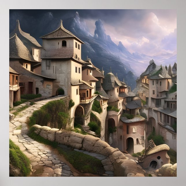 Póster Villa Vieja en el sendero de piedra de las montaña (Frente)