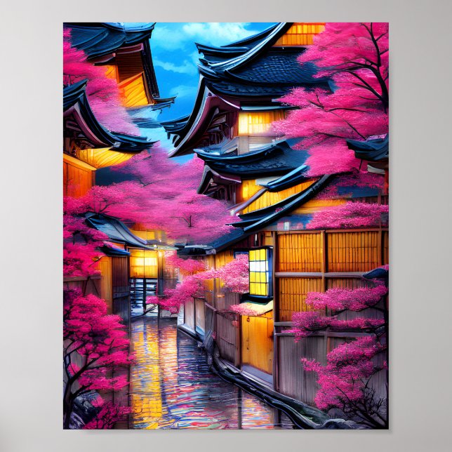 Póster Village Surrounded by Cherry Blossoms (Frente)