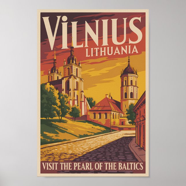 Póster Vilnius Lithuania Illustration Travel Art Vintage (Frente)