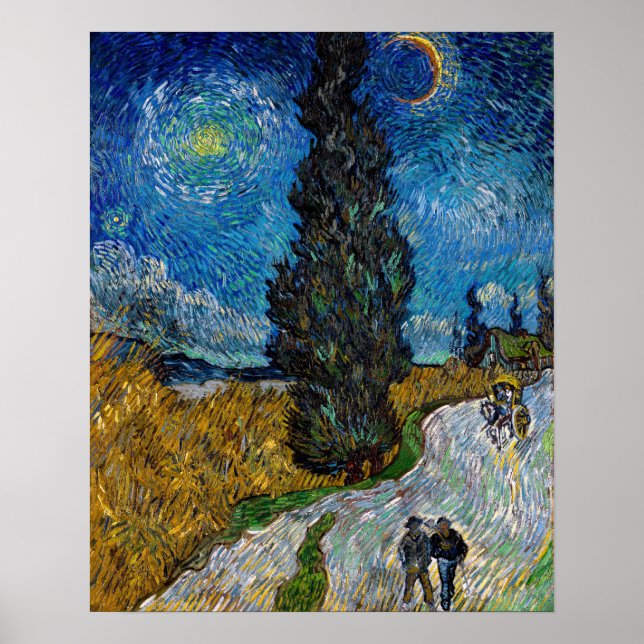 Póster Vincent van Gogh - Camino con ciprés y estrella (Frente)