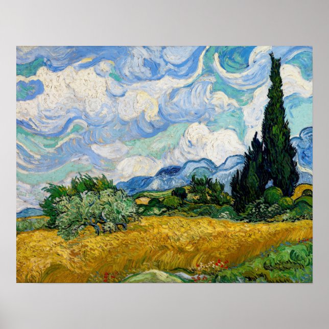 Póster Vincent Van Gogh - Campo de trigo con cipreses (Frente)