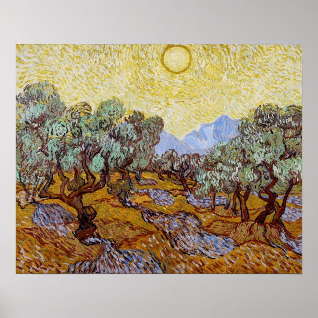 Póster Vincent van Gogh - Olivos, cielo amarillo y sol (Frente)