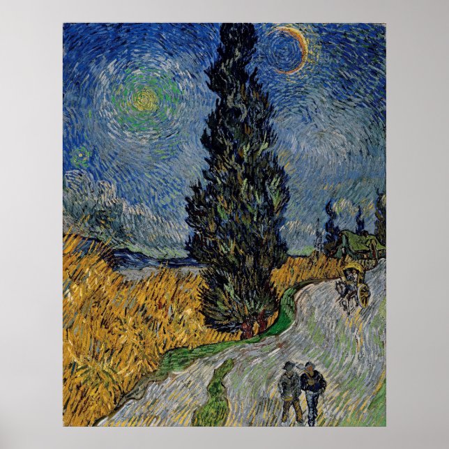 Póster Vincent Van Gogh Road con pinturas de cipreses y e (Frente)
