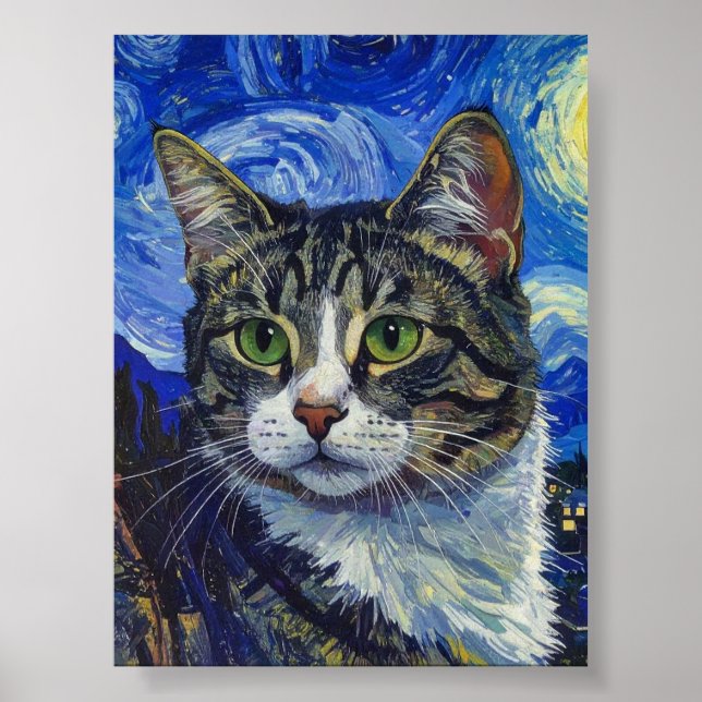 Póster Vincent Van Gogh Starry Night Cat Portrait (Frente)