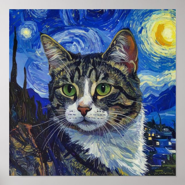 Póster Vincent Van Gogh Starry Night Cat Portrait Poster (Frente)