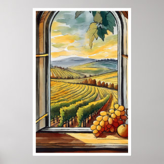 Póster Viñedo a través de un Poster de ventana otoño/otoñ