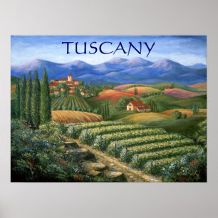 Póster Viñedo y pueblo toscanos