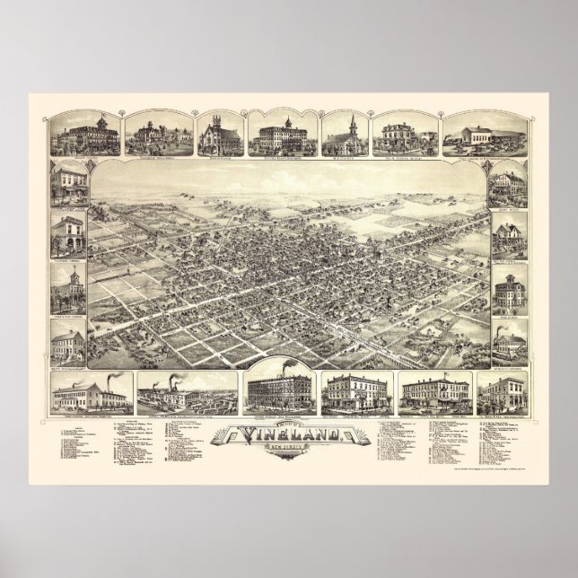 Póster Vineland, Mapa Panorámico de NJ - 1885 (Frente)