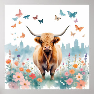 Póster Viñeta de vaca de montaña Naturaleza animal Bosque