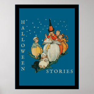 Póster Viñeta Halloween Storytime Pequeña Bruja Gato Negr