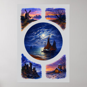 Póster Viñetas del paisaje del atardecer retro y la noche