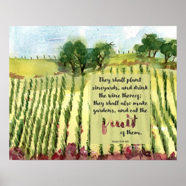 Póster Vineyard Scripture Amos Wine Grapes Watercolor (Frente)