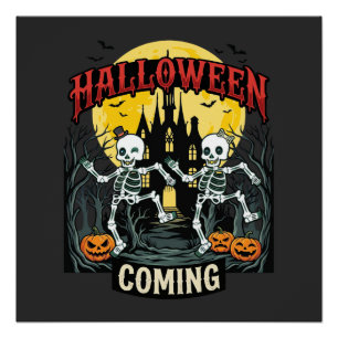 Póster Viniendo Halloween Esqueletos Bailando Castillo Ca
