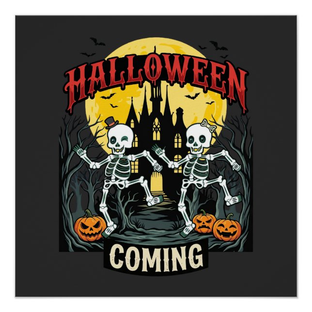 Póster Viniendo Halloween Esqueletos Bailando Castillo Ca (Anverso)