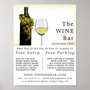 Póster Vino blanco y uvas, publicidad de bar de vinos/bod