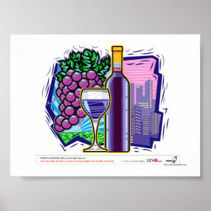 Póster Vino, botella y uva, ciudad de fondo