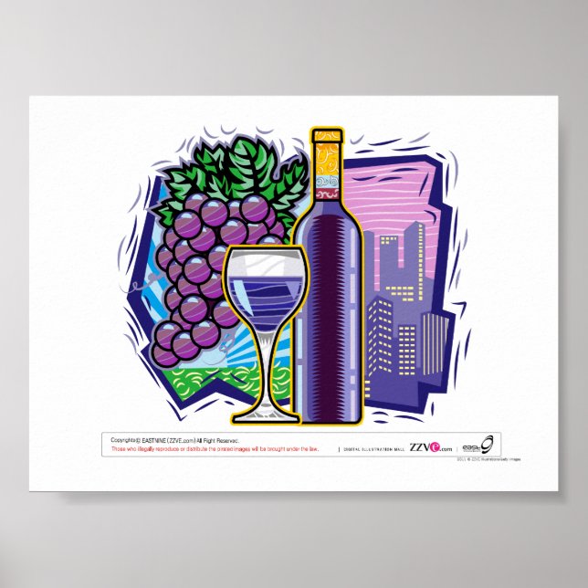 Póster Vino, botella y uva, ciudad de fondo (Frente)