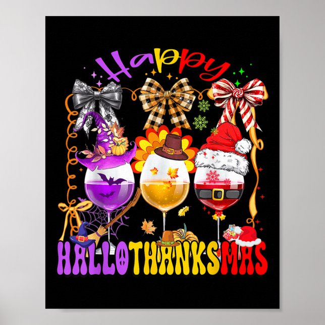 Póster Vino Feliz Hallothanksmas Copa de Halloween Día de (Frente)