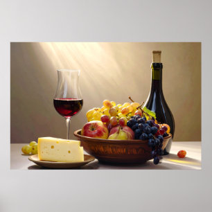 Póster Vino, Frutas y Queso