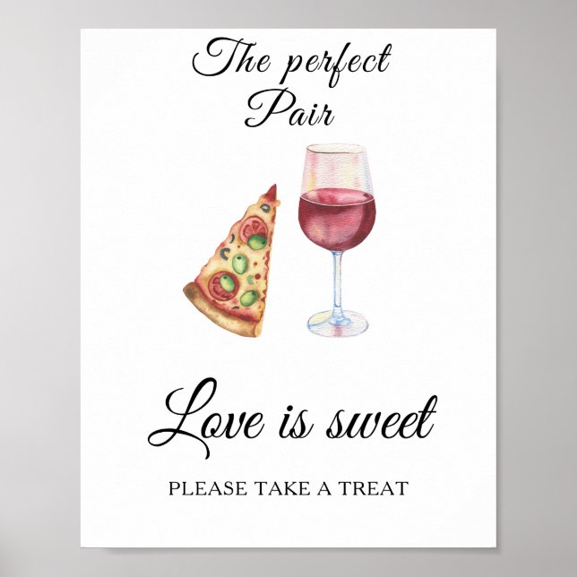 Póster Vino Pizza Ducha de novia El amor es dulce (Frente)