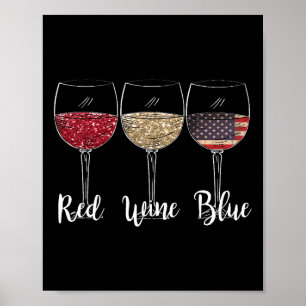 Póster Vino Rojo Azul Gles De Vino Uu Bandera 4 De Julio
