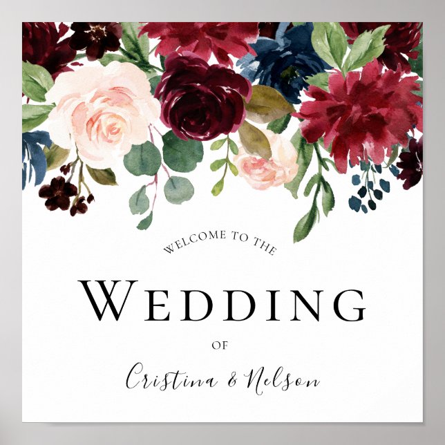 Póster Vino Rojo Borgoñonés Bienvenido al Boda del Rótulo (Frente)