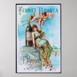 Póster Vino vintage con Lady y Cupidos