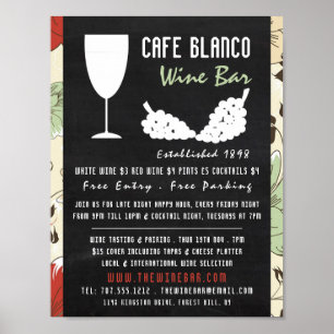 Póster Vino Y Uvas, Bodega Floral De Pizarra De Vino/Vino