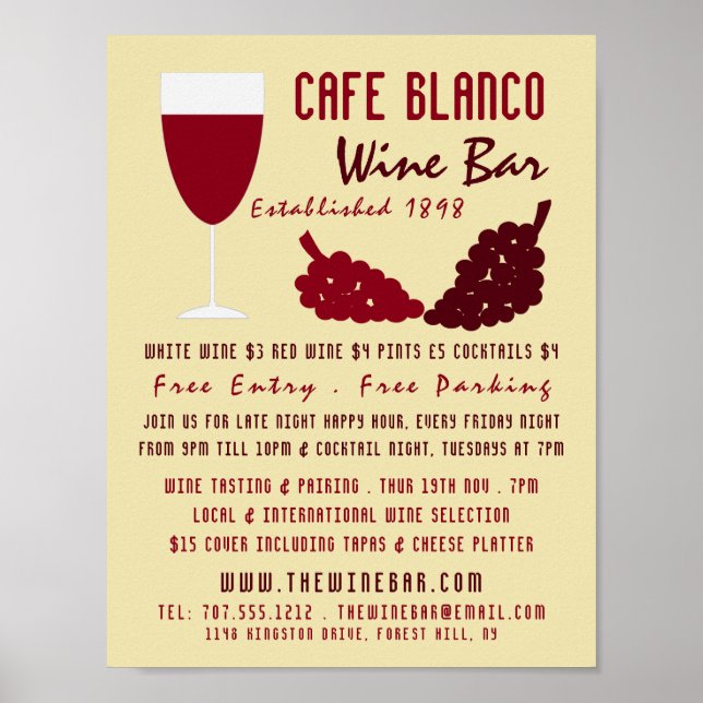 Póster Vino y uvas, publicidad de bar de vinos/bodega (Frente)