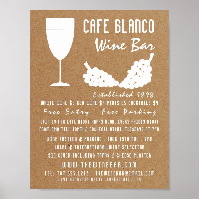 Póster Vino y uvas, publicidad de bar de vinos rústicos/b (Frente)