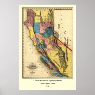 Póster Vintage 1851 California Gold Region State Map
