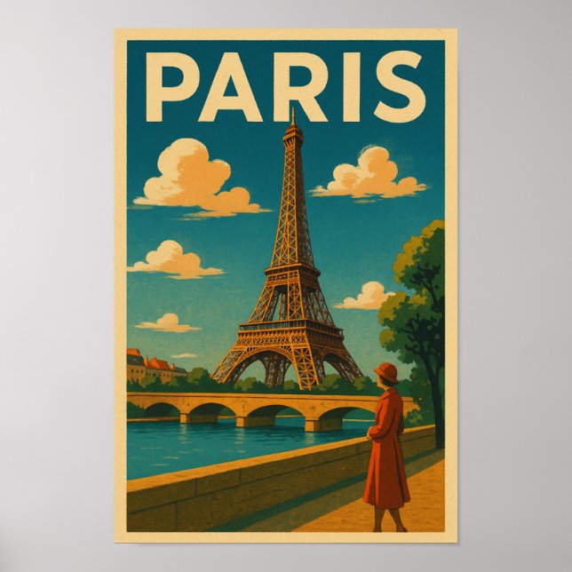 Póster Vintage 1930s Paris Travel Poster Eiffel Tower (Frente)