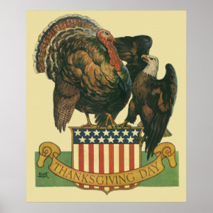 Póster Vintage Acción de Gracias Turquía, Águila, Bandera