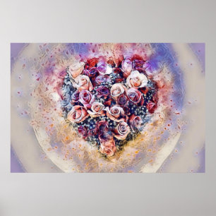 Póster Vintage acuarela del corazón de los Rosas colorido