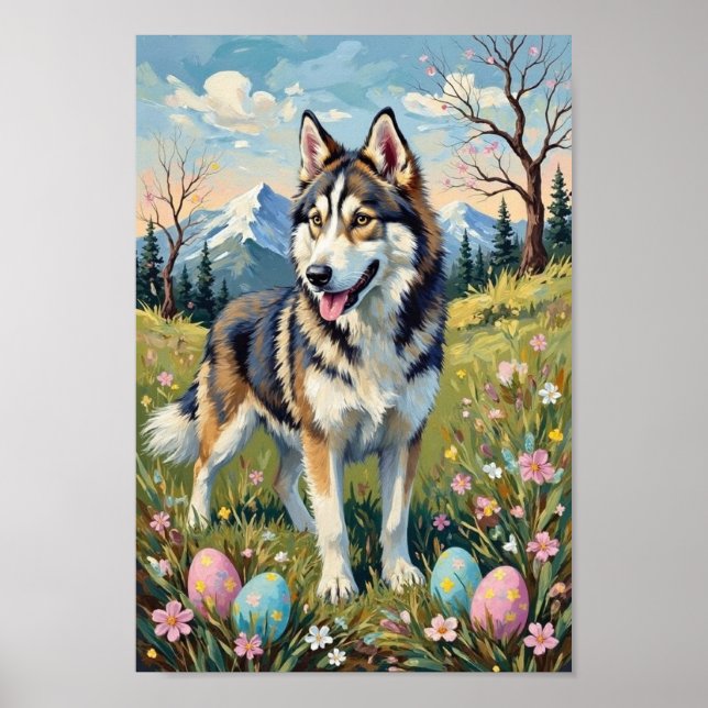 Póster Vintage Alaskan Malamute Easter Spring Art (Frente)