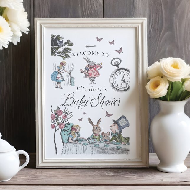 Póster Vintage Alice In Wonderland Welcome Baby Shower (Vintage Alice In Wonderland Welcome Baby Shower Poster)