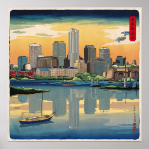Póster Vintage América Boston Ma Ciudad Silueta Estilo Uk