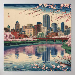 Póster Vintage America Boston Mamáes City Skyline Ukiyo S