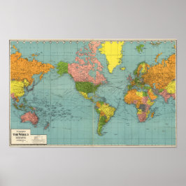 Póster Vintage America Centric World Map Poster