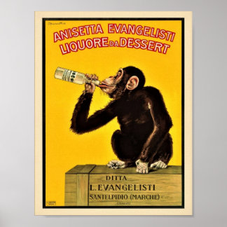 Póster Vintage Anisetta Evangelisti Liquor Monkey Drinkin