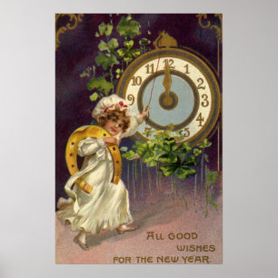 Póster Vintage Año Nuevo victoriano, reloj a medianoche