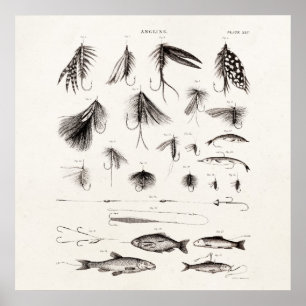 Póster Vintage años 1800: Pescadores de mosca volando en 