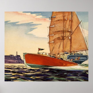 Póster Vintage Antiguo Sailboat Motor Bote Ocean Wave