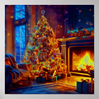 Póster Vintage Árbol De Navidad En Casa Calentadora