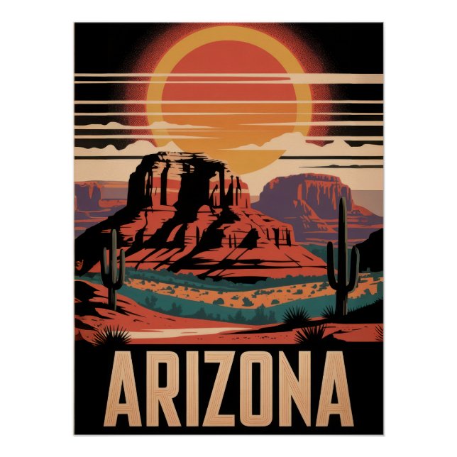 Póster Vintage Arizona Desert Sunset Cactus Landscape (Anverso)