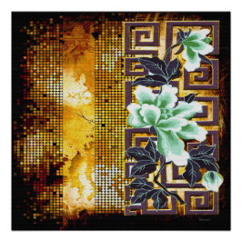 Póster Vintage Art Deco Distressed Asian Flower Design 