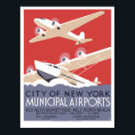 Póster Vintage Art Deco NYC aeropuerto municipal WPA<br><div class="desc">Se trata de una impresión digitalmente realzada de un poster vintage de Art Deco WPA de 1937 que promociona los aeropuertos municipales de Nueva York, Floyd Bennett Field y North Beach, las bases de East River Seaplane, Wall Street y la calle 31, mostrando aviones y aviones. El texto dice: "Aeropuertos...</div>